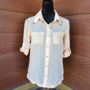 Volume One Sheer Button Down Shirt Juniors Size Medium Cream Gold Polka Dot